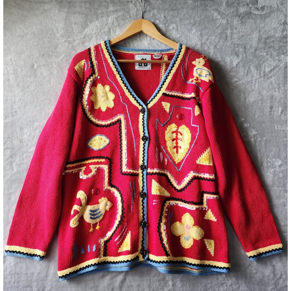 Storybook Knits Sweater Womens Size Large Cardigan Mola Festival Rooster Sequins